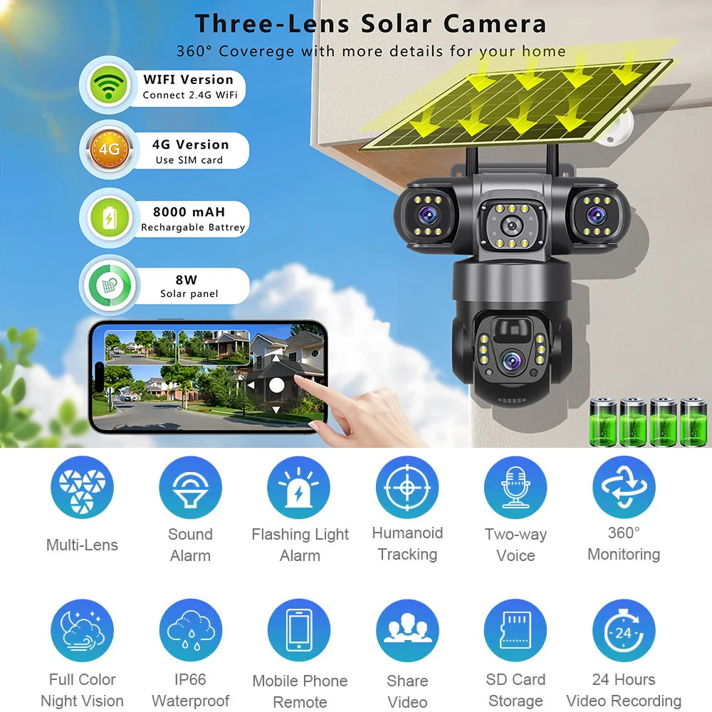 6K 15MP 4G SIM Solar Camera Outdoor 3 Lens 3 Screen Surveillance CCTV PTZ Human Detect Auto Tracking Solar Security Camera V380