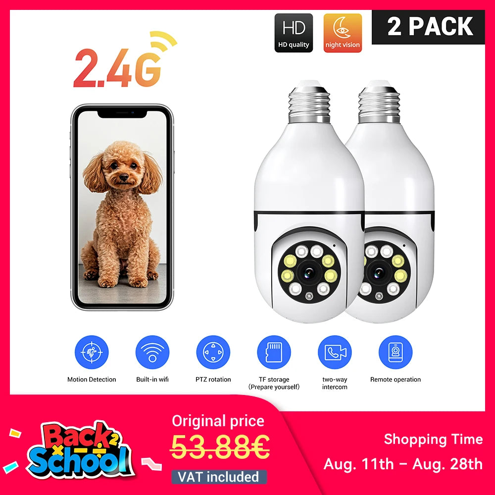 2PC Ease Life APP-Light Bulb Security Cameras Indoor Outdoor Wireless WiFi Camera 2.4GHz, 360 Degree, E27 Light Socket Screw In