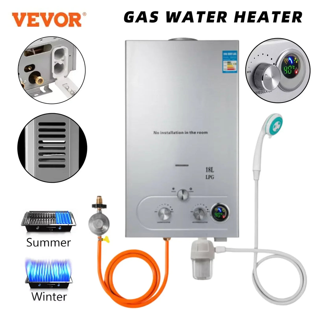 VEVOR 6L 8L 10L 12L 16L 18L LPG Portable Instand Water Heater Propane Gas LPG Wall-Mounted Tankless Water Heater Digital Display