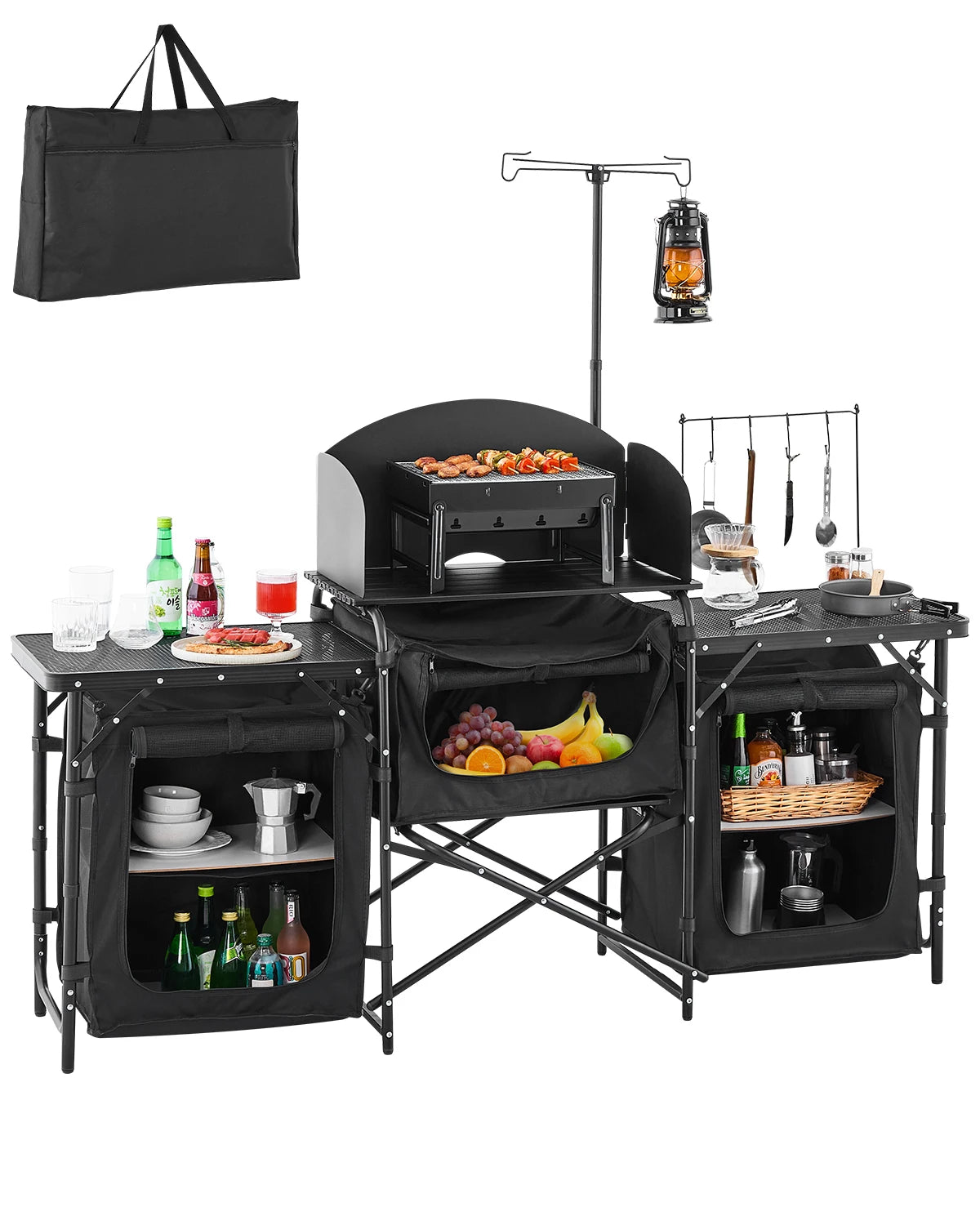 SucceBuy Camping Kitchen Table Aluminum Portable Cook Station with 3 Storage Cupboard Carrying Bag Quick Set-up for BBQ Picnic