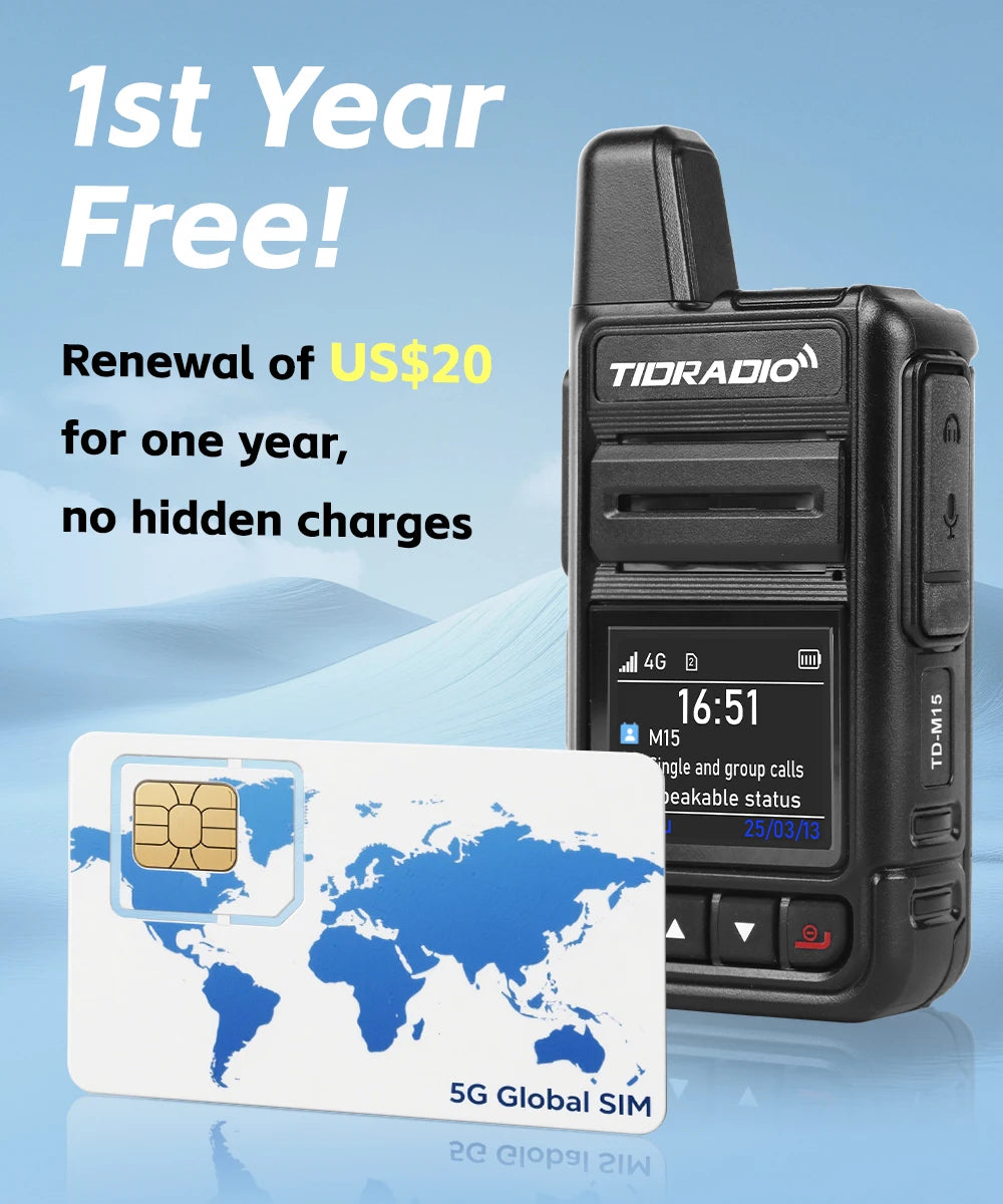 TIDRADIO TD-M15 Global signal POC Radio with 1 Year Sim Card Walkie Talkie Long Range 4G 5000 Miles for Hiking and Camping