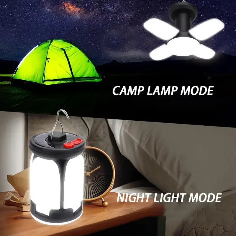 Solar Rechargeable LED Camping Lamp 4 Leaf Foldable Tent Lamp Warm Fire Atmosphere Lamp Outdoor Emergency Lighting Torch Lantern