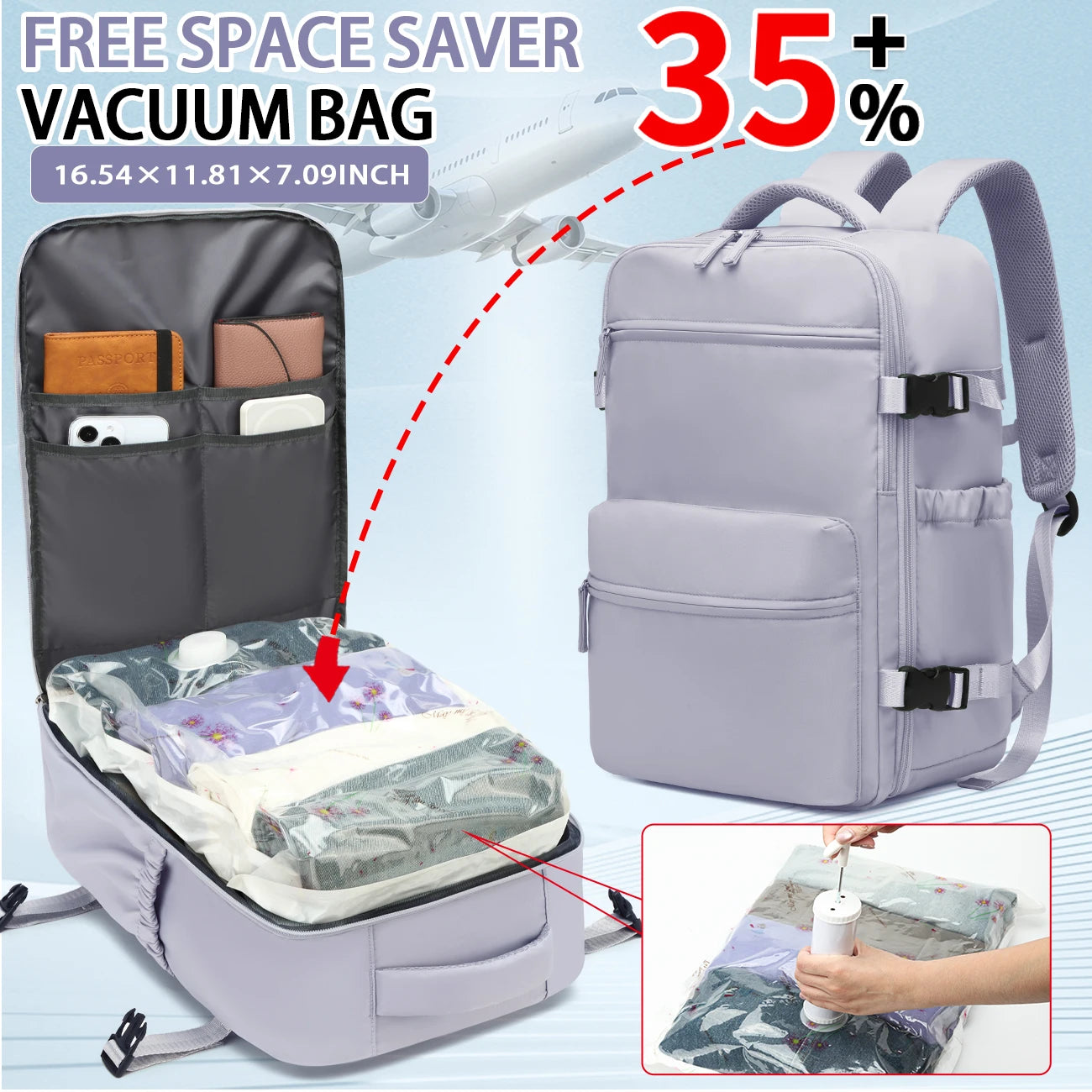 Vacuum Storage Travel Backpack, Airline Carry-On Bag, Business Laptop Backpack & Tote Bag for Men and Women