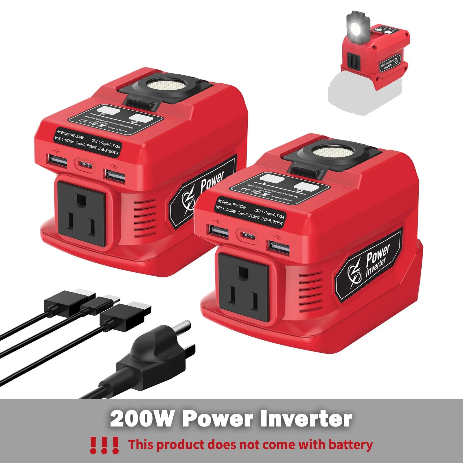 Azocek 200W Portable Power Inverter for Milwaukee 18V Battery, DC 18V to AC 110V, with 4 Output & 300LM Light, Inverter for Car