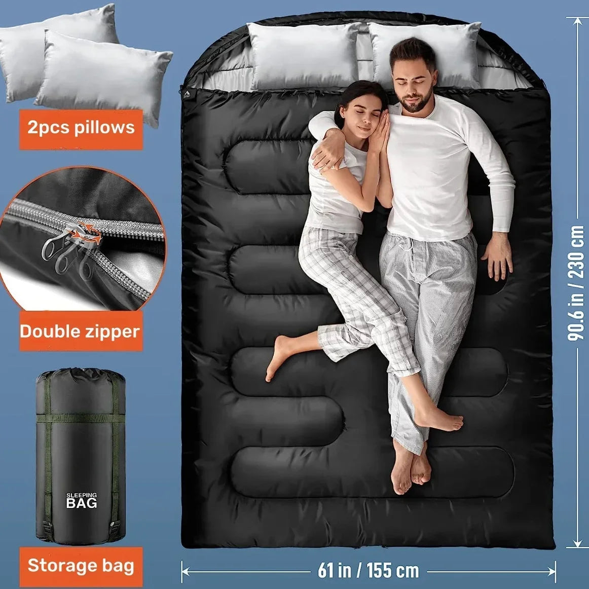 Double Sleeping Bags for Two Adults - With Pillow, All-Season, Cold Weather, Keep Warm