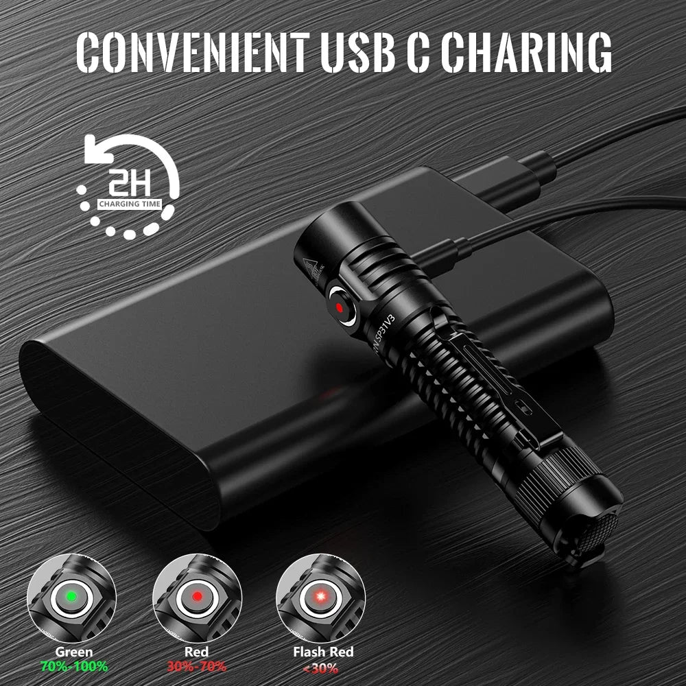 Sofirn SP31 V3.0 Tactica Flashlight with Dual Switch USB C 18650 Rechargeable Power Indicator 6000K Torch