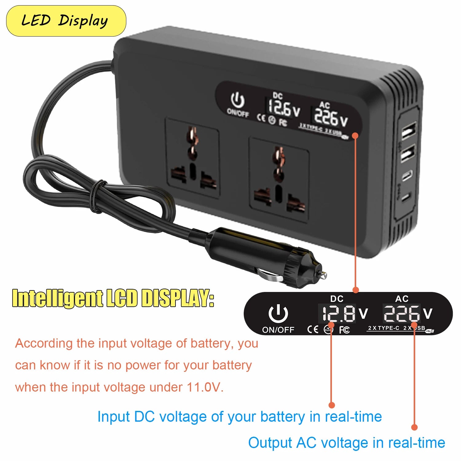 200W Power Inverter Car Mounted Inverter USB Voltage Transformer Portable DC 12V To AC 110V/220V Conversion USB Battery Clip