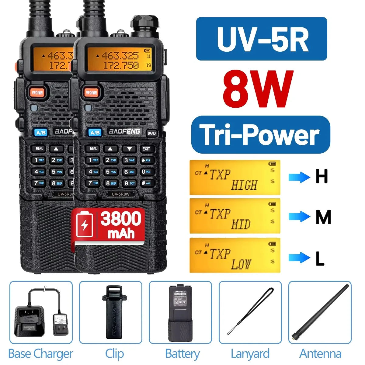 Baofeng UV-5R 8W Walkie Talkie High Power Long Range Two Way Radio Portable Communication Ham Radio For Camping