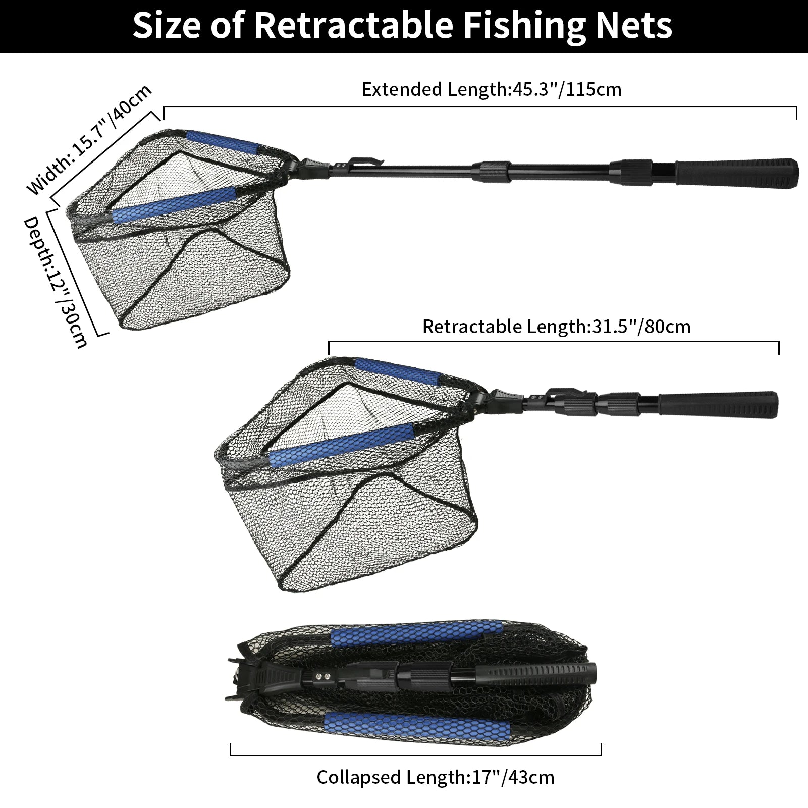 Fishing Landing Net Aluminum Alloy Durable Telescoping Extend to 190cm/130cm/55cm Folding Mesh Safe Fish Catching Releasing