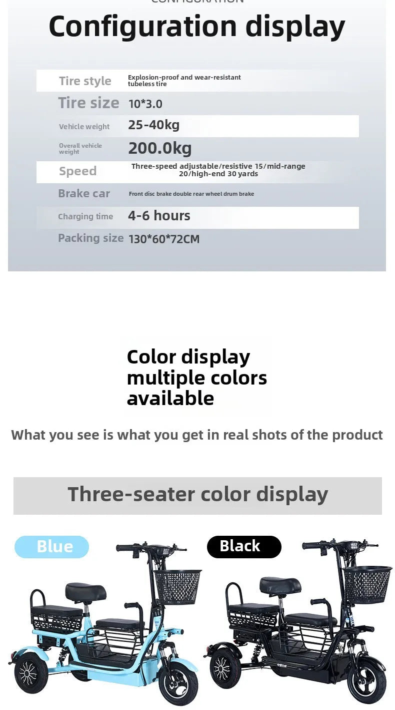 800W48V 70km folding electric tricycle small leisure vehicle for adults to ride three people portable battery car for home use