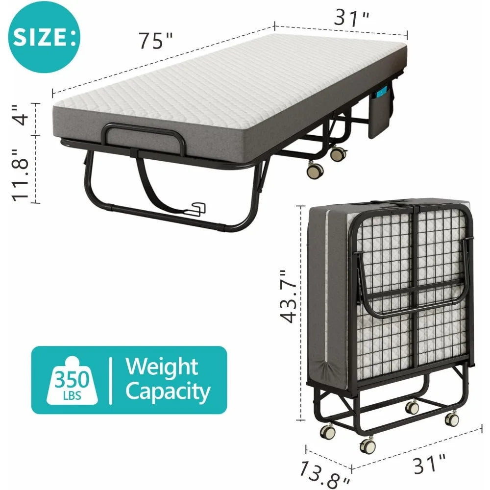 Folding Bed with Mattress for Adults, Portable Cot-Size Rollaway Bed, Metal Frame Foldable Guest Bed with Memory Foam Mattress
