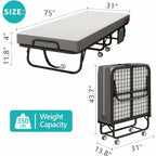 Folding Bed with Mattress for Adults, Portable Cot-Size Rollaway Bed, Metal Frame Foldable Guest Bed with Memory Foam Mattress