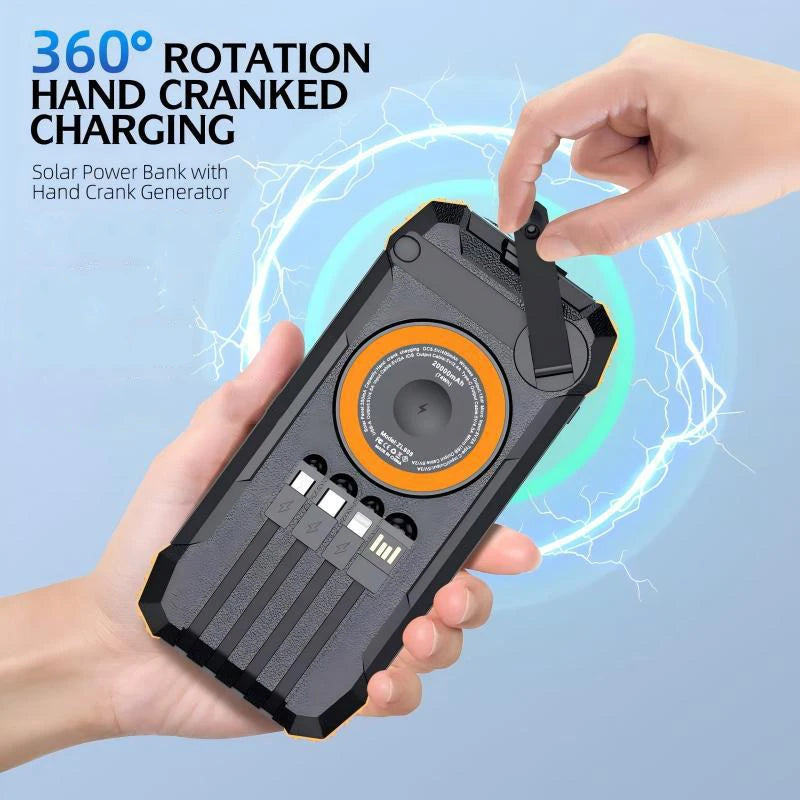 30000mAh Hand Crank Solar Power Bank Magnetic Wireless 22.5W Fast Charging for Airpods iWatch for iPhone 16 Powerbank with Light