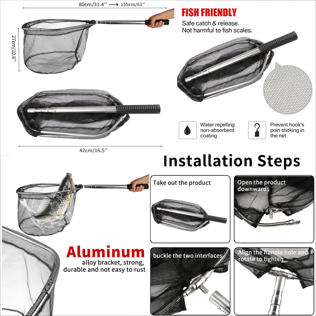 Fishing Landing Net Aluminum Alloy Durable Telescoping Extend to 190cm/130cm/55cm Folding Mesh Safe Fish Catching Releasing