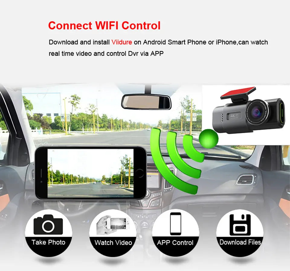 Dash Cam 4K UHD Recording Car Camera DVR Night Vision Video Recorder Built-In Wi-Fi Support GPS 24H Parking
