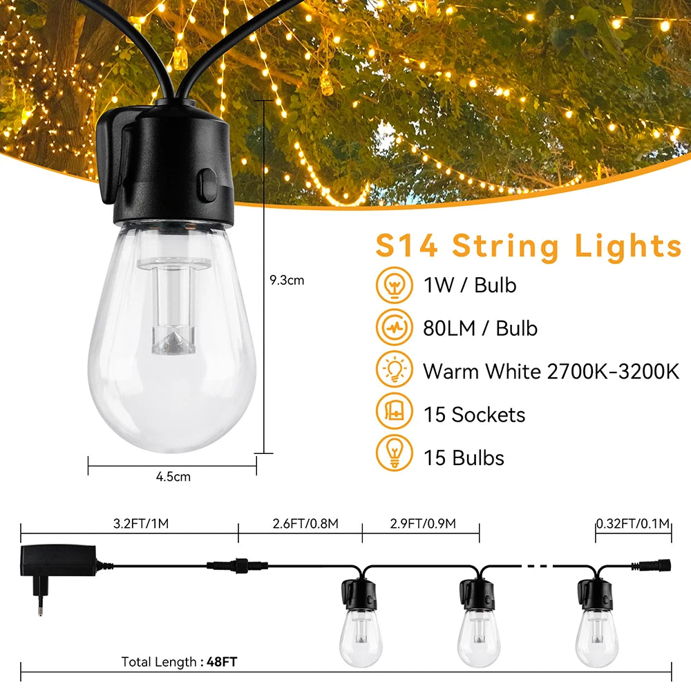 15M LED String Light Shatterproof Led Festoon Garland Retro Patio Light Outdoor Light Decoration For Garden Wedding Holiday
