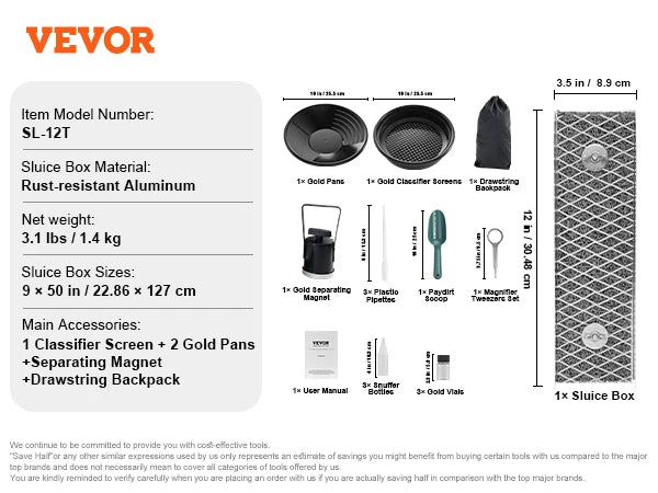 VEVOR Gold Panning Kit With Mini Sluice Box,12/50In Aluminum Gold Mining Equipment, 16/23 PCS Prospecting Kit with Gold Pan