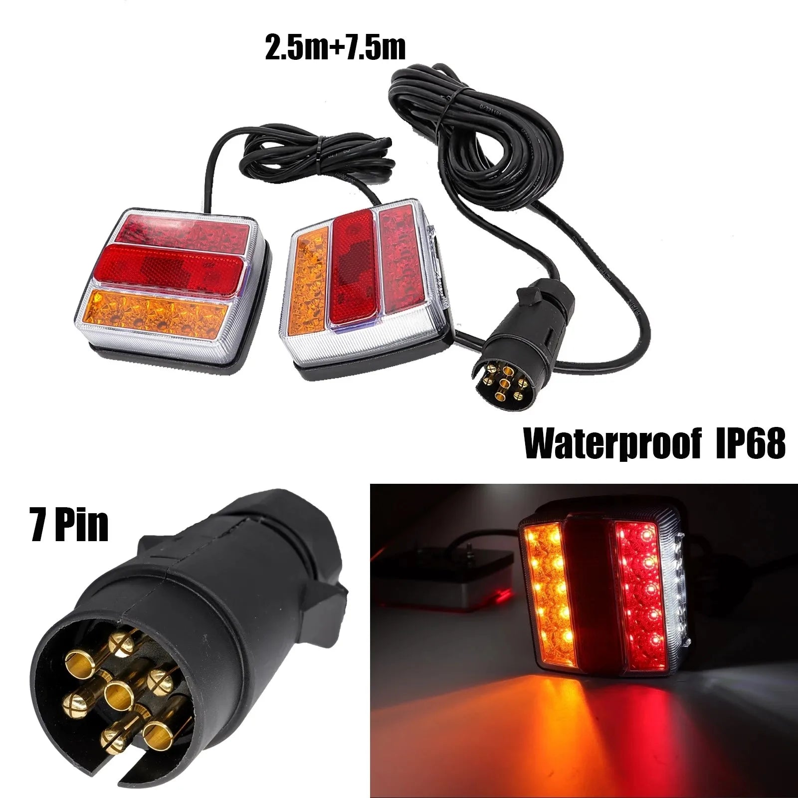 2 x Rear Towing Tail Lights Universal 12V 10m Line 7 Pin Kit Brake Stop Indicator Lamp License Number Plate Waterproof Reflector