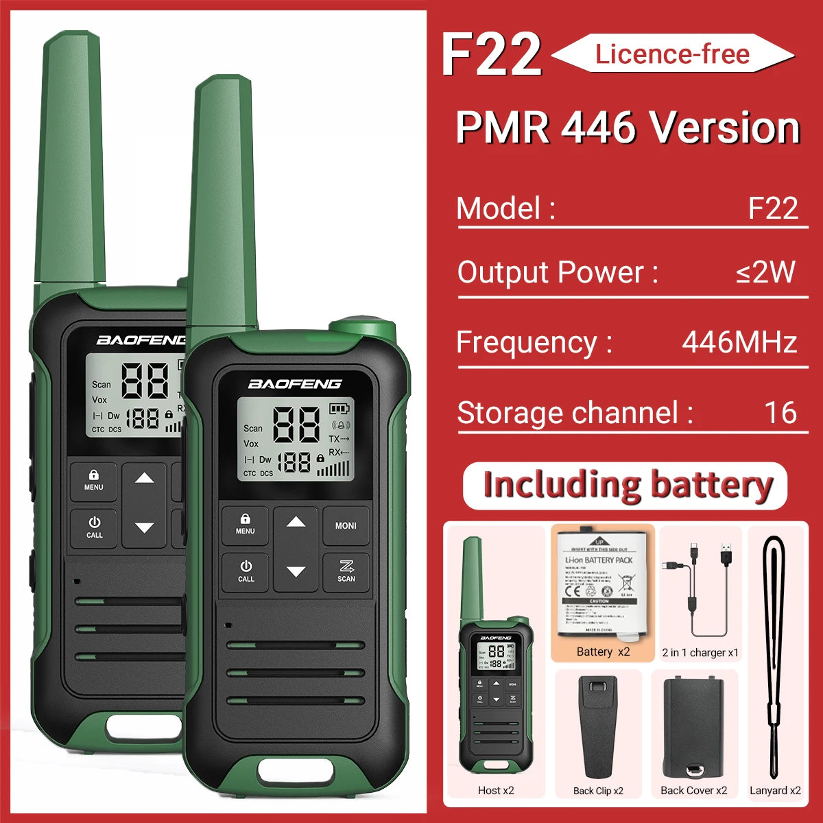 2pcs Baofeng F22 Mini Walkie Talkie PMR FRS Long Range Rechargable Portable Kids Two Way Radio Type-C Charger for Camping Trip