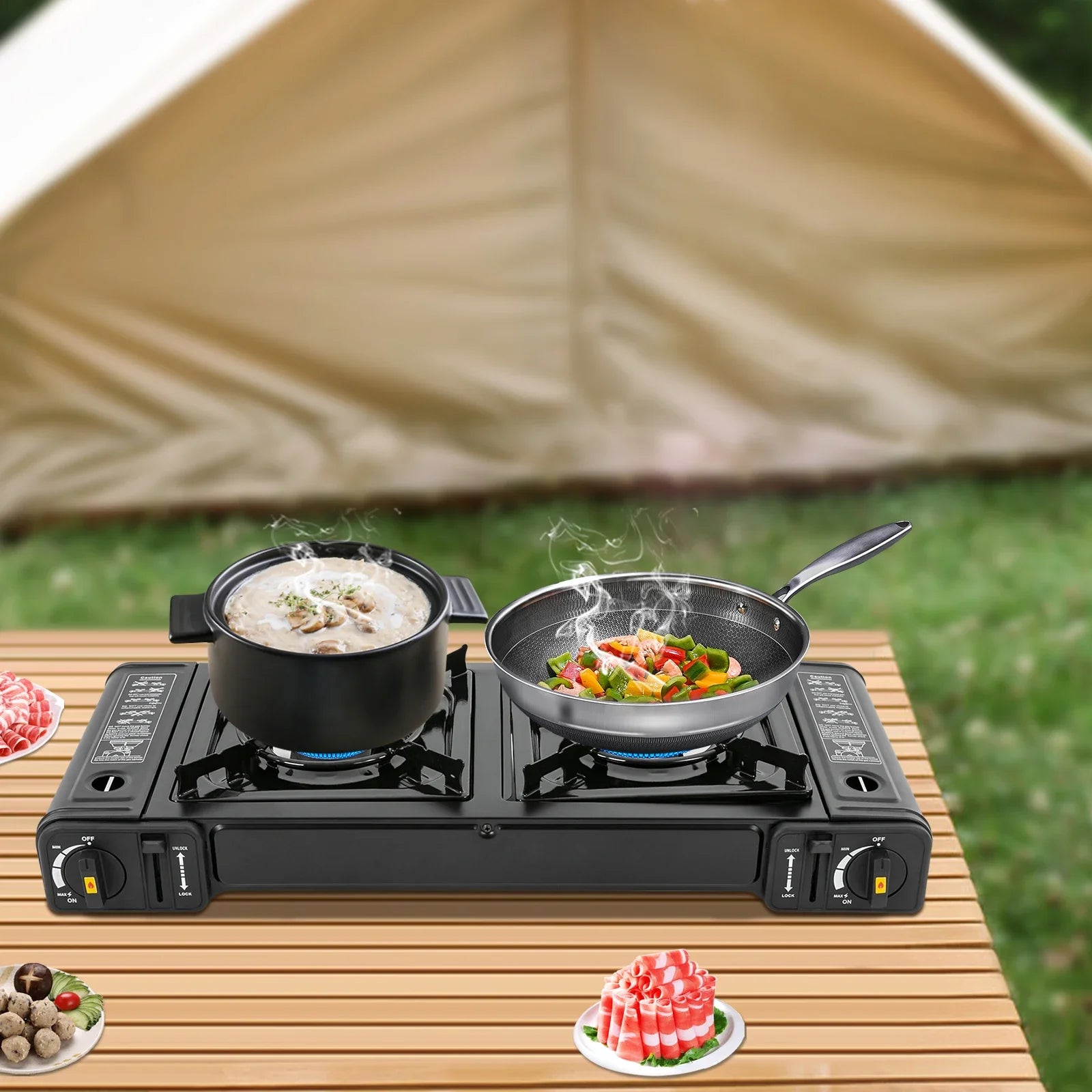 Portable Camping Stove, 2 Burners Butane Camping Stove with Carrying Case, Adjustable Fire Power Auto Ignition for RV Travel Use