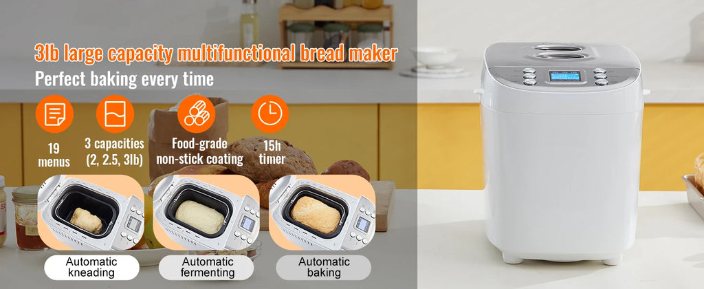 SucceBuy 3 LB Bread Maker 15-in-1 Dough Machine Nonstick Ceramic Pan Automatic Bread maker with Gluten Free Setting