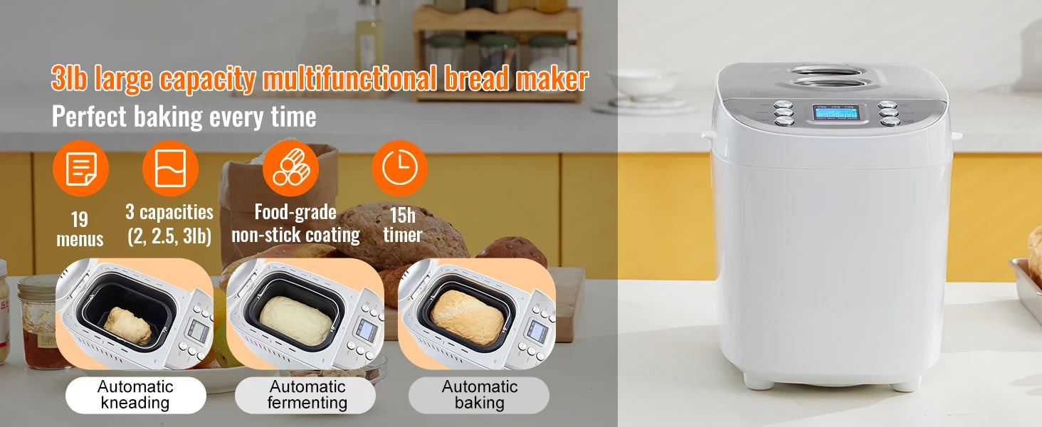 SucceBuy 3 LB Bread Maker 15-in-1 Dough Machine Nonstick Ceramic Pan Automatic Bread maker with Gluten Free Setting