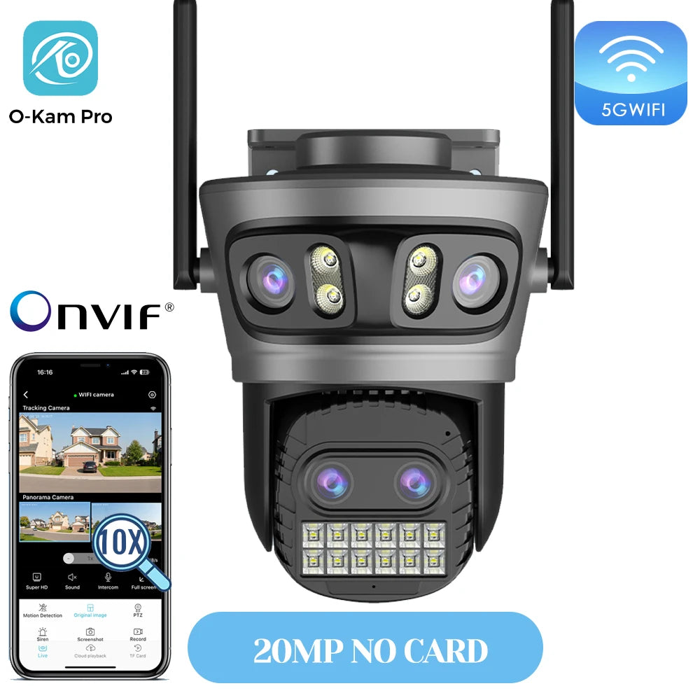 20MP Outdoors Wifi Camera 10K HD Three Lens Security 5G PTZ IP Camera 10X Digital Zoom Lens Human AI Auto Detect Tracking Camera
