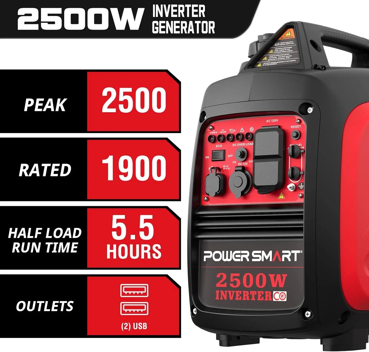 2500-Watt GasPoweredPortableInverter Generator, SuperQuietforCamping, Tailgating, Home Emergency