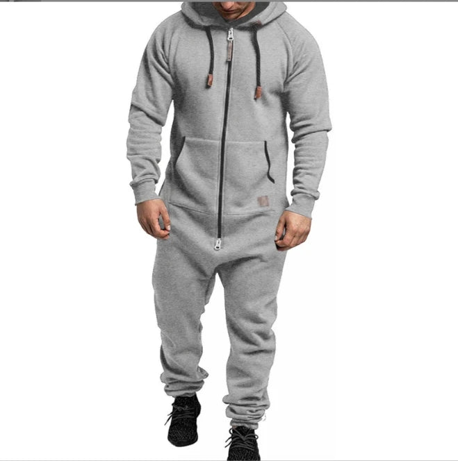 Mens Onesie Jumpsuit Pajamas Long Sleeve Sweatpants Pure Color Splicing Autumn Winter Casual Hoodie Male Zipper Jumpsuit