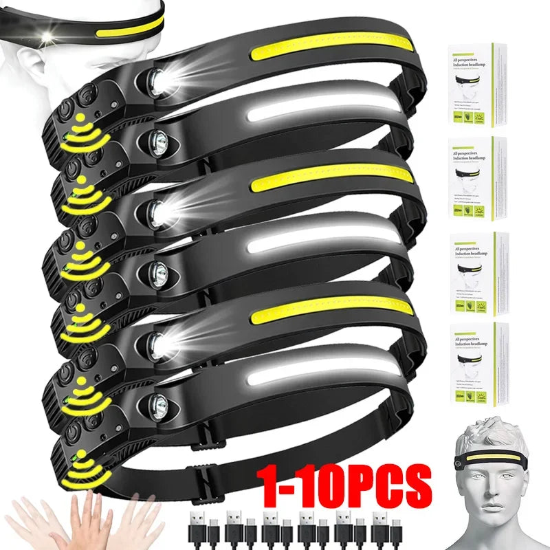 Sensor Headlamp USB Rechargeable LED Flashlight XPE+COB Torch Camping Waterproof Headlight Fishing Headlamp 1/2/3/4/5/8/10PCS