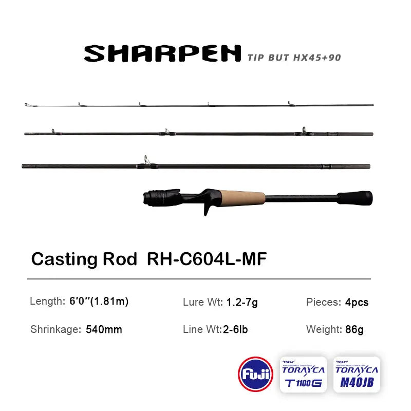 PURELURE SHARPEN Travel Soft Lure Long Spinning and Casting XF/MF Action Rods FUJI Components Bass Pike Rod Fishing Rod Reel