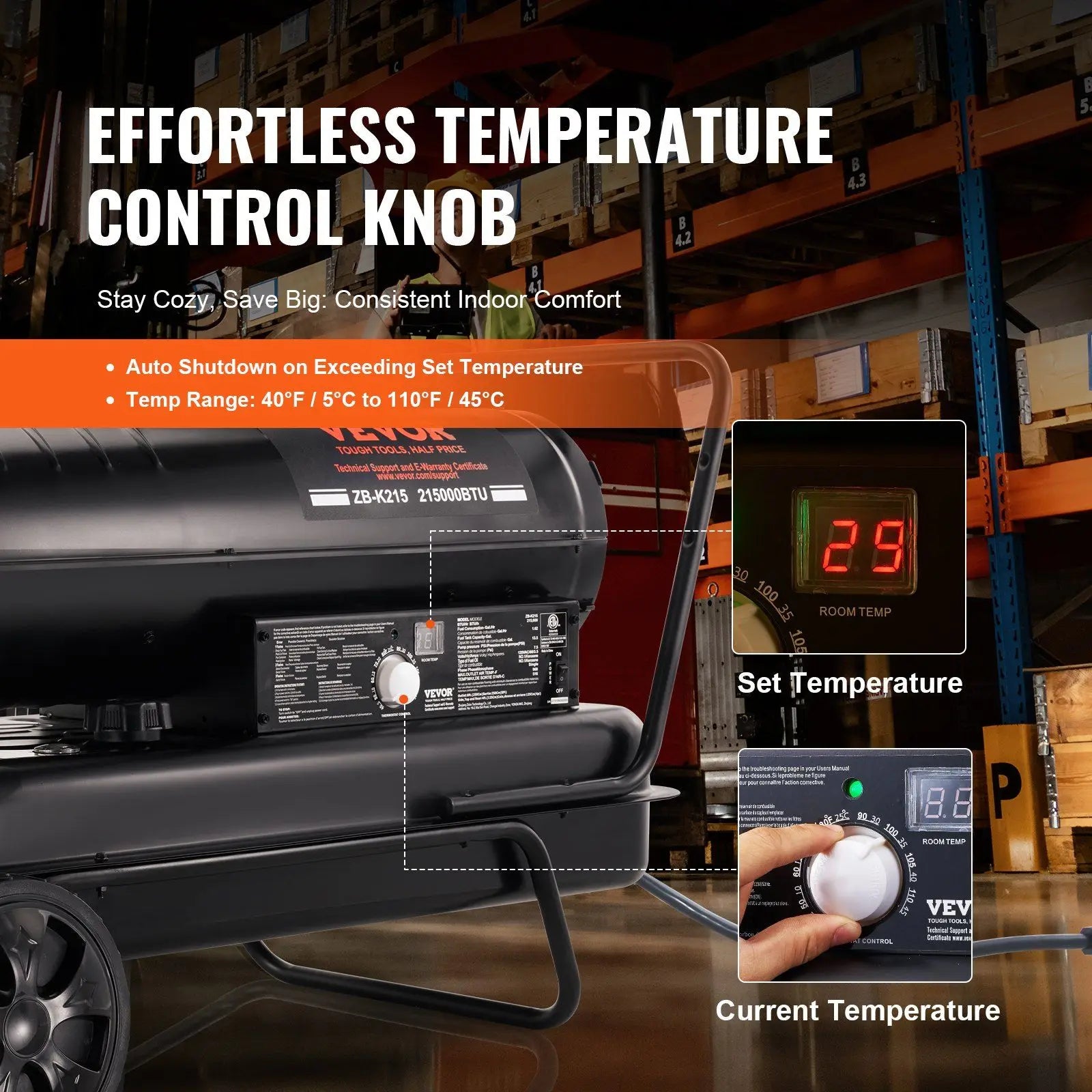 Kerosene Forced Air Heater, 215000 BTU Portable Torpedo Diesel Space Heater with Thermostat, 13.2 Gallon Tank Energy-Efficient h