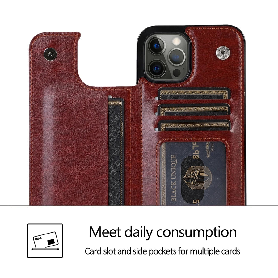 Wallet Double Button With Card Slot Stand Flip Leather Case For iPhone 16e 16 Pro Max 15 Plus 14 13 12 Mini 11 SE3 SE2 X XR 8 7