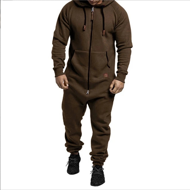 Mens Onesie Jumpsuit Pajamas Long Sleeve Sweatpants Pure Color Splicing Autumn Winter Casual Hoodie Male Zipper Jumpsuit