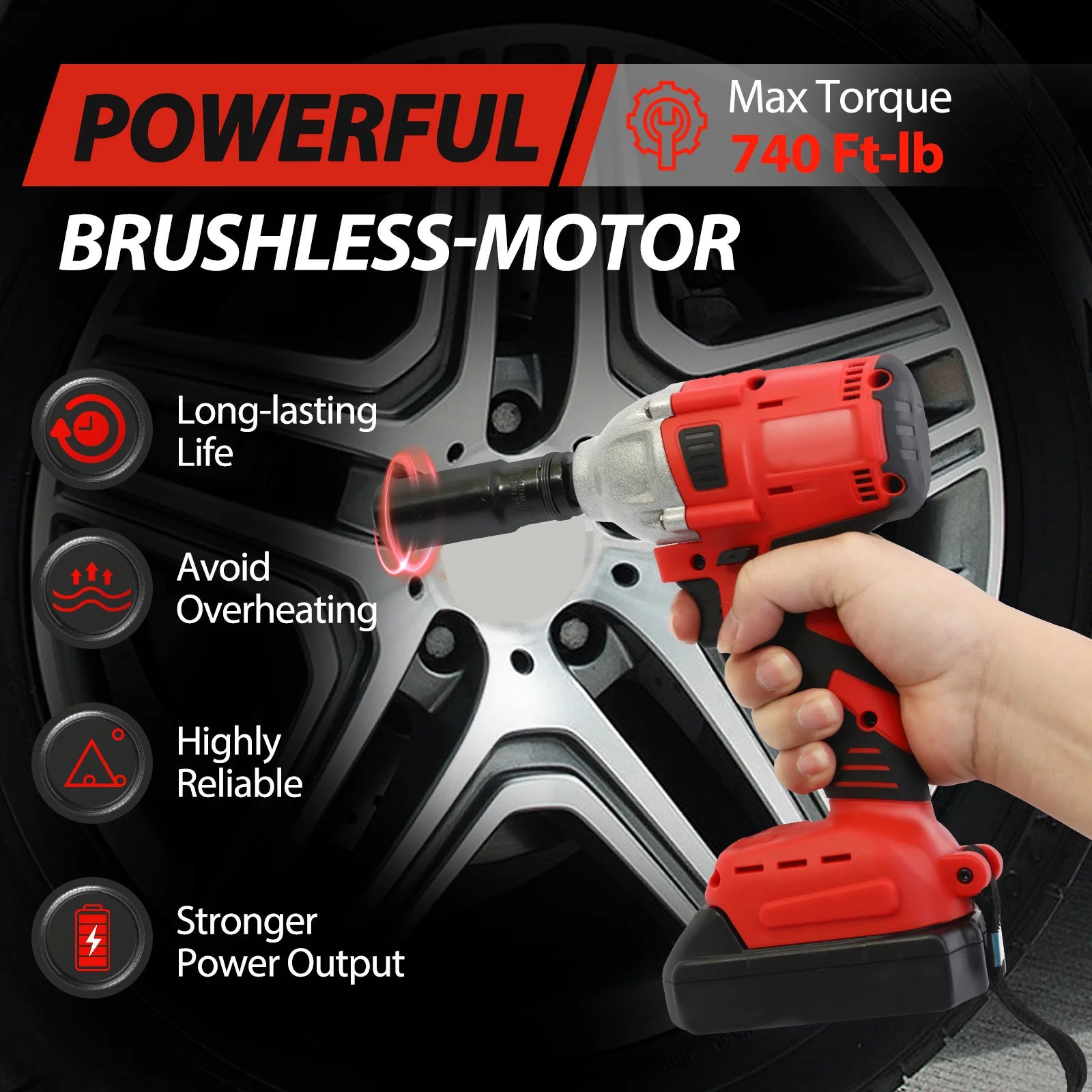 1000N.m (740ft-lbs) Cordless Impact Wrench Brushless Electric High Torque with Batteries 1500MAh 20V Fast Charger for Car Truck