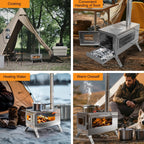 Portable Camping Wood Burning Stove Stainless Steel Tent Stove with 7 Chimney Pipes for Outdoor Camping, Heating