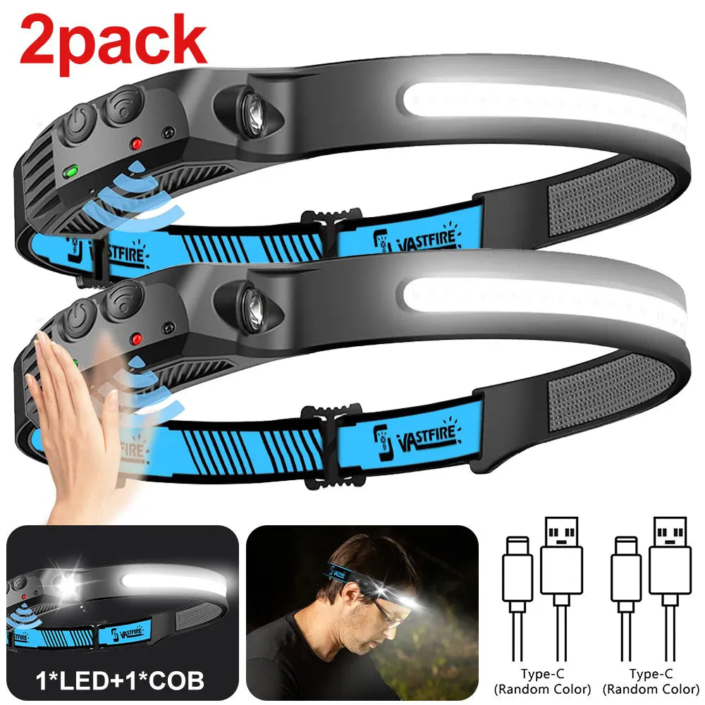 Induction Headlamp COB+LED Head Flashlight Built in Battery USB Rechargeable Outdoor Waterproof Camping Fishing Work Lantern ﻿