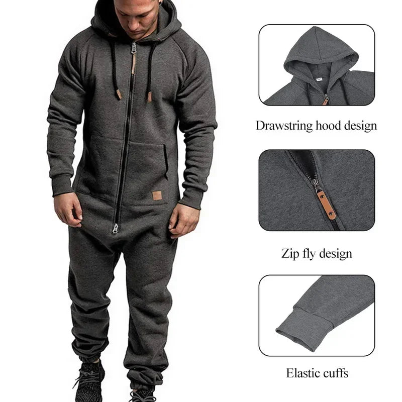 Mens Onesie Jumpsuit Pajamas Long Sleeve Sweatpants Pure Color Splicing Autumn Winter Casual Hoodie Male Zipper Jumpsuit