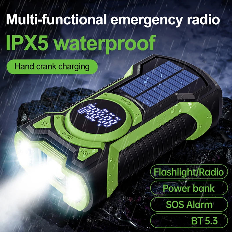 Solar Emergency Weather Radio 5000mAh Hand Crank AM/FM/NOAA Portable Emergency Radio Bluetooth5.3 SOS Alarm for Outdoor Survival