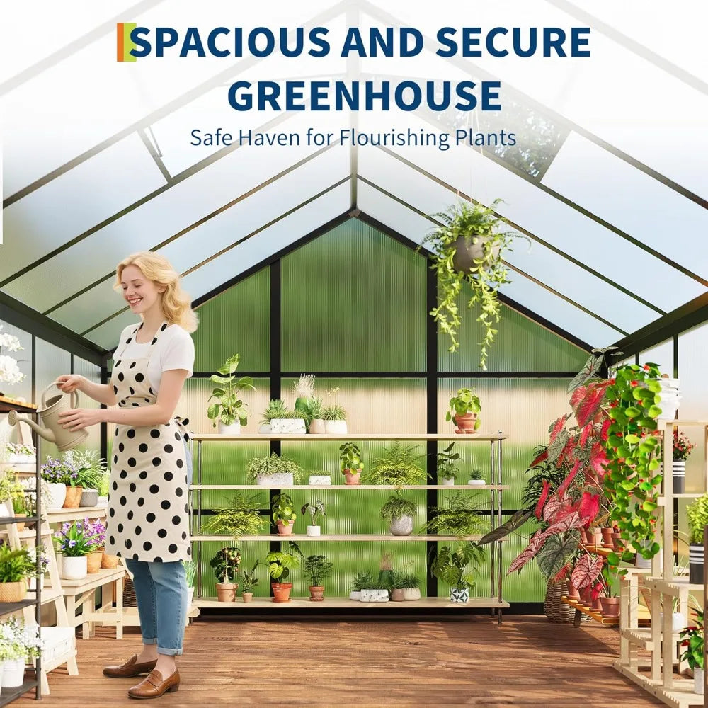 6x10 FT Greenhouse for Outdoors, Polycarbonate Flower with Roof Vent, Push-Pull Lockable Door, Aluminum Walk-in Green