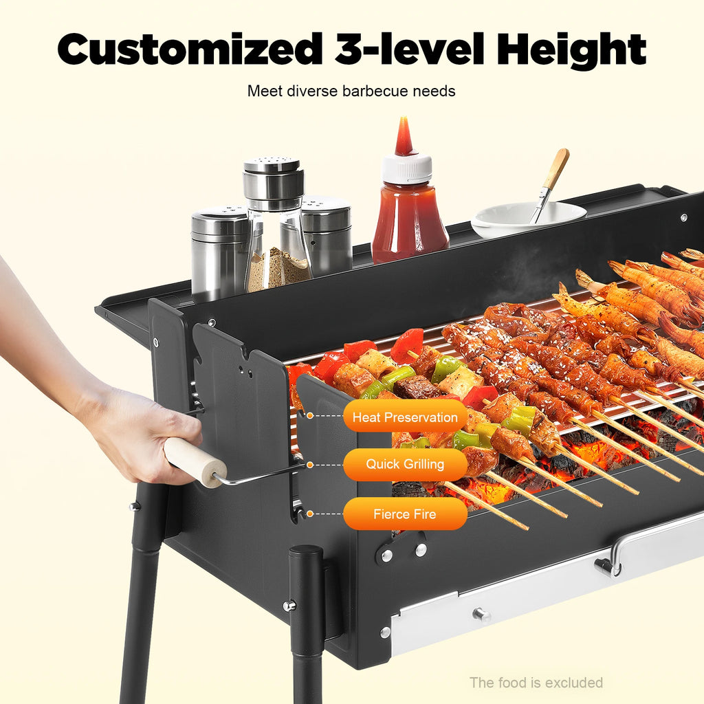 Portable Folding Charcoal BBQ Grill, Large 25.79" Stainless Steel Outdoor Barbecue Grill with Adjustable Height, for Garden Camp
