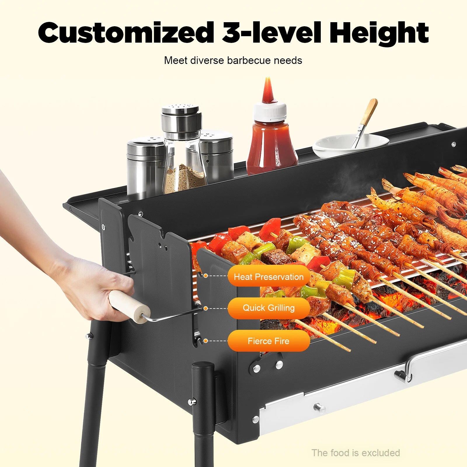 Portable Folding Charcoal BBQ Grill, Large 25.79" Stainless Steel Outdoor Barbecue Grill with Adjustable Height, for Garden Camp