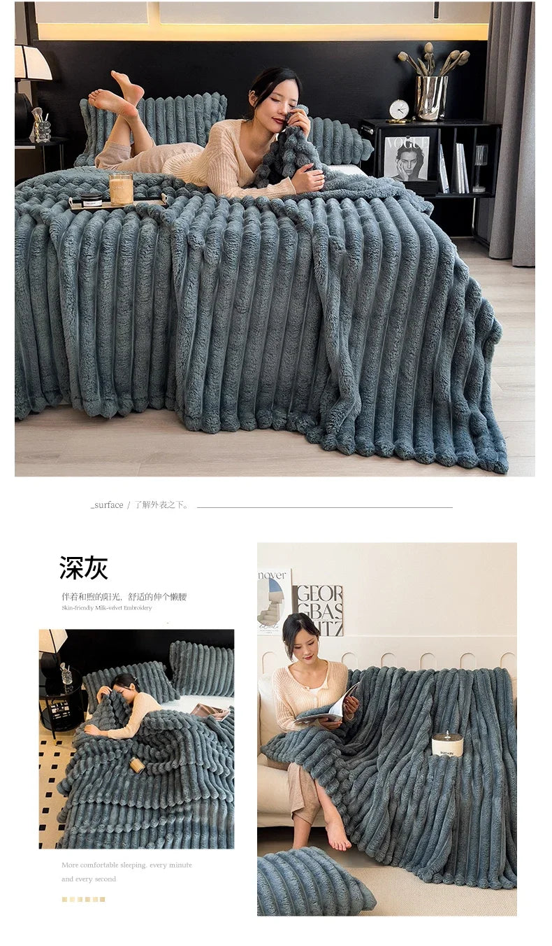 New Artificial Rabbit Plush Autumn Warm Blankets for Beds Soft Coral Fleece Sofa Throw Blanket Comfortable Thicken Bed Sheet