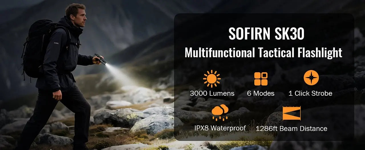 SOFIRN SK30 3000 High Lumen 6000K Tactical Flashlight USB C 21700 Rechargeable Pocket Torch with Dual Tail Switches