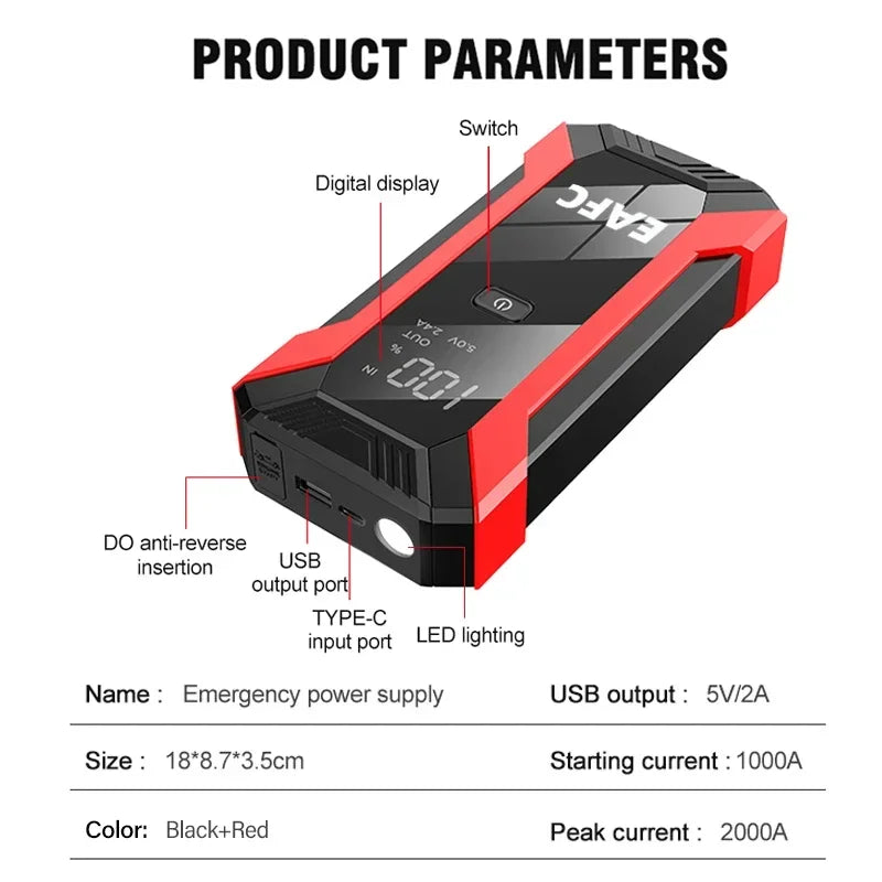 2000A/1200A Car Jump Starter Power Bank Starting Device Portable Car Battery Emergency Booster for 12V Vehicles Small Trucks