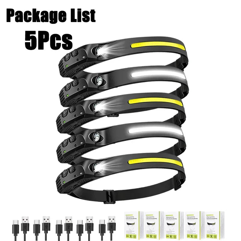 Sensor Headlamp USB Rechargeable LED Flashlight XPE+COB Torch Camping Waterproof Headlight for Fishing Lantern 1/2/3/4/5/8/10PCS
