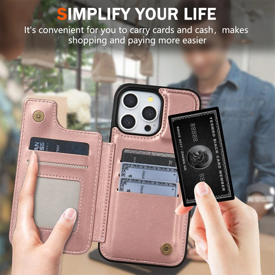 Wallet Solid Color Magnetic Double Buckle RFID Blocking Card Leather Case For iPhone 15 Pro Max 14 Plus 13 12 11 XR XS SE 2 8 7