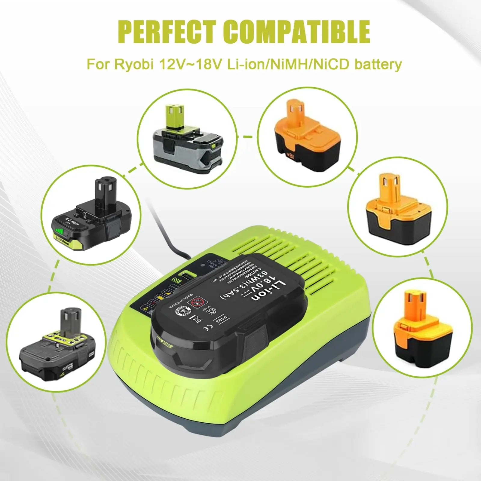 2 Pack 3.5Ah For Ryobi 18V Battery and  Charger Combo Compatible for Ryobi ONE+ Battery P102 P103 P104 P105 P107 P109 P117 P190