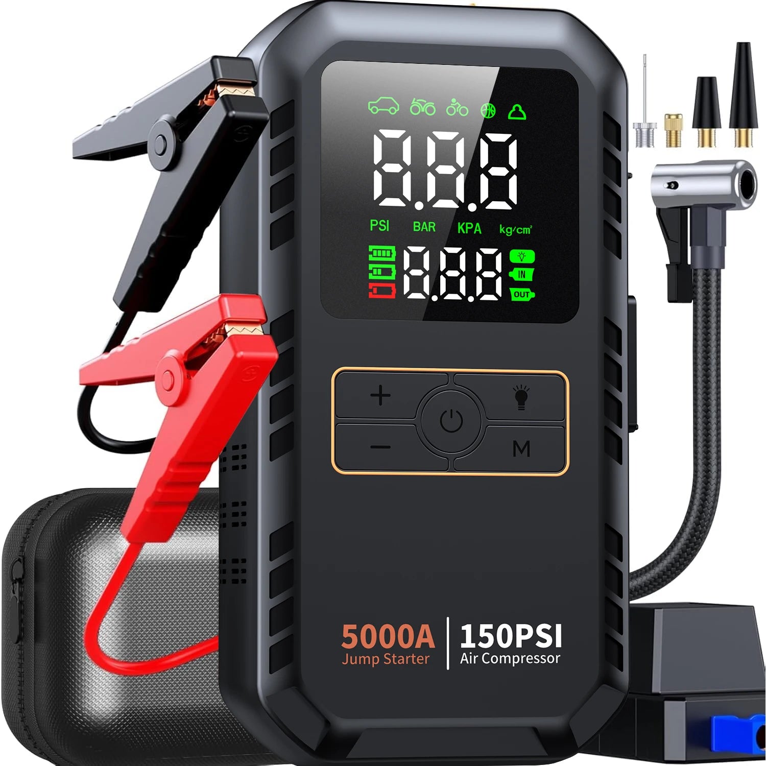 5000A 150PSI Car Jump Starter with Air Compressor Auto Tire Inflator, Large LCD Display, LED Light, for Cars, Bike & Motorcycle