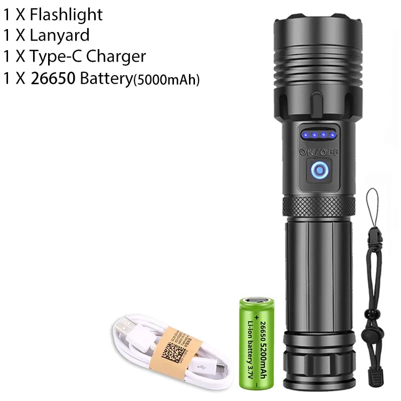 Super XHP120 Powerful Led Flashlight XHP90 High Power Torch Light Rechargeable Tactical Flashlight 18650 TYPE-C Camping Lamp